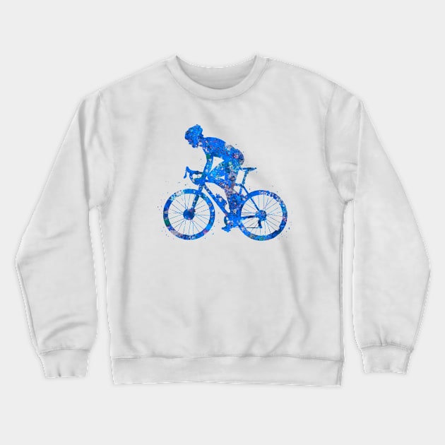 Road biker man watercolor blue Crewneck Sweatshirt by Yahya Art